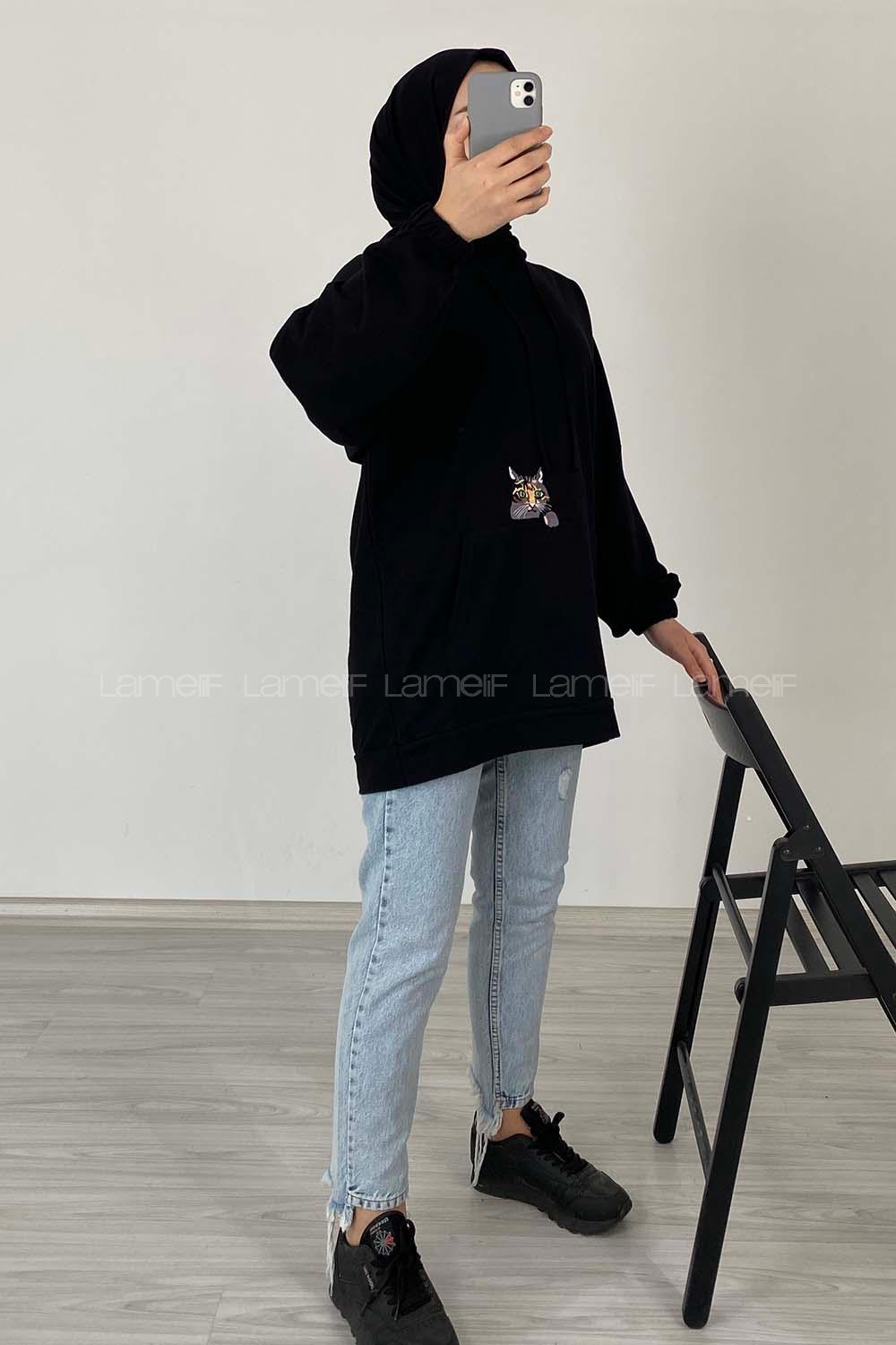 Modalamelif Kedi Nakışlı Sweatshirt Siyah