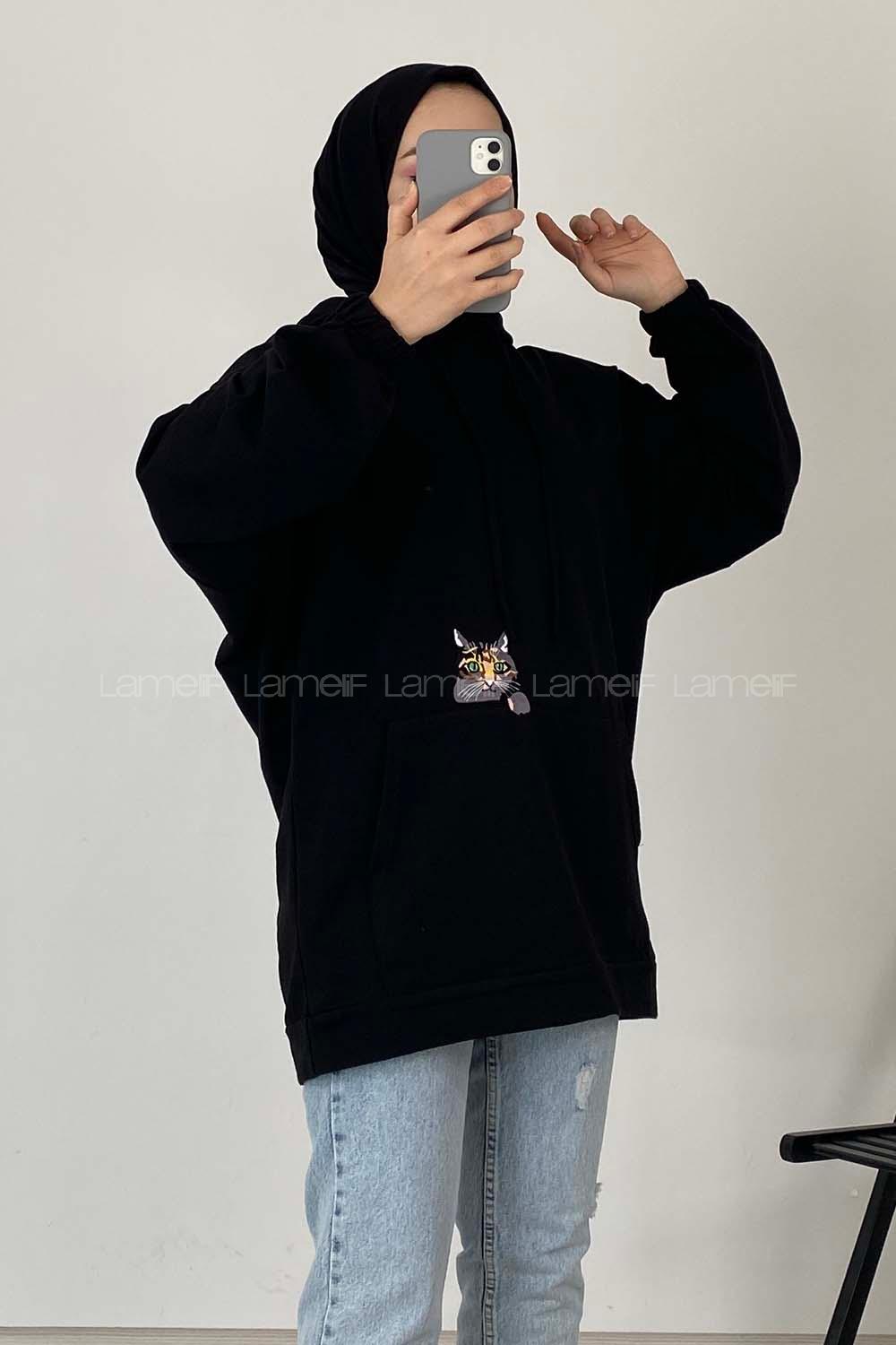 Modalamelif Kedi Nakışlı Sweatshirt Siyah