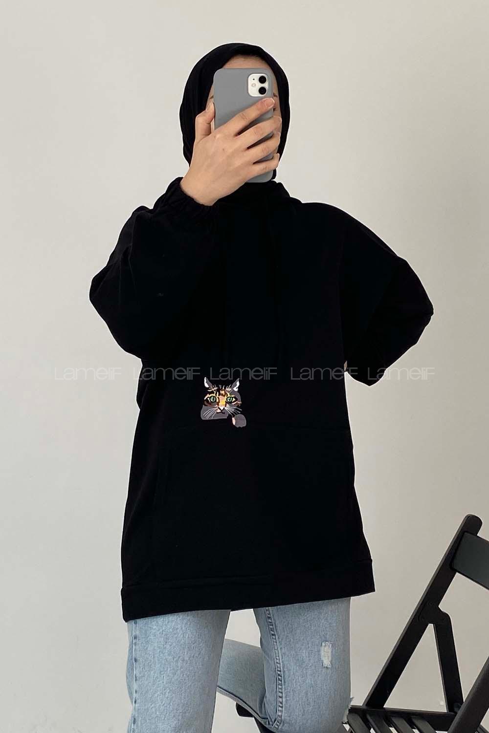 Modalamelif Kedi Nakışlı Sweatshirt Siyah