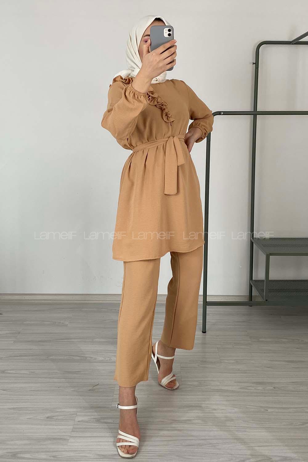 Modalamelif Omuz Fırfırlı İkili Takım Bej