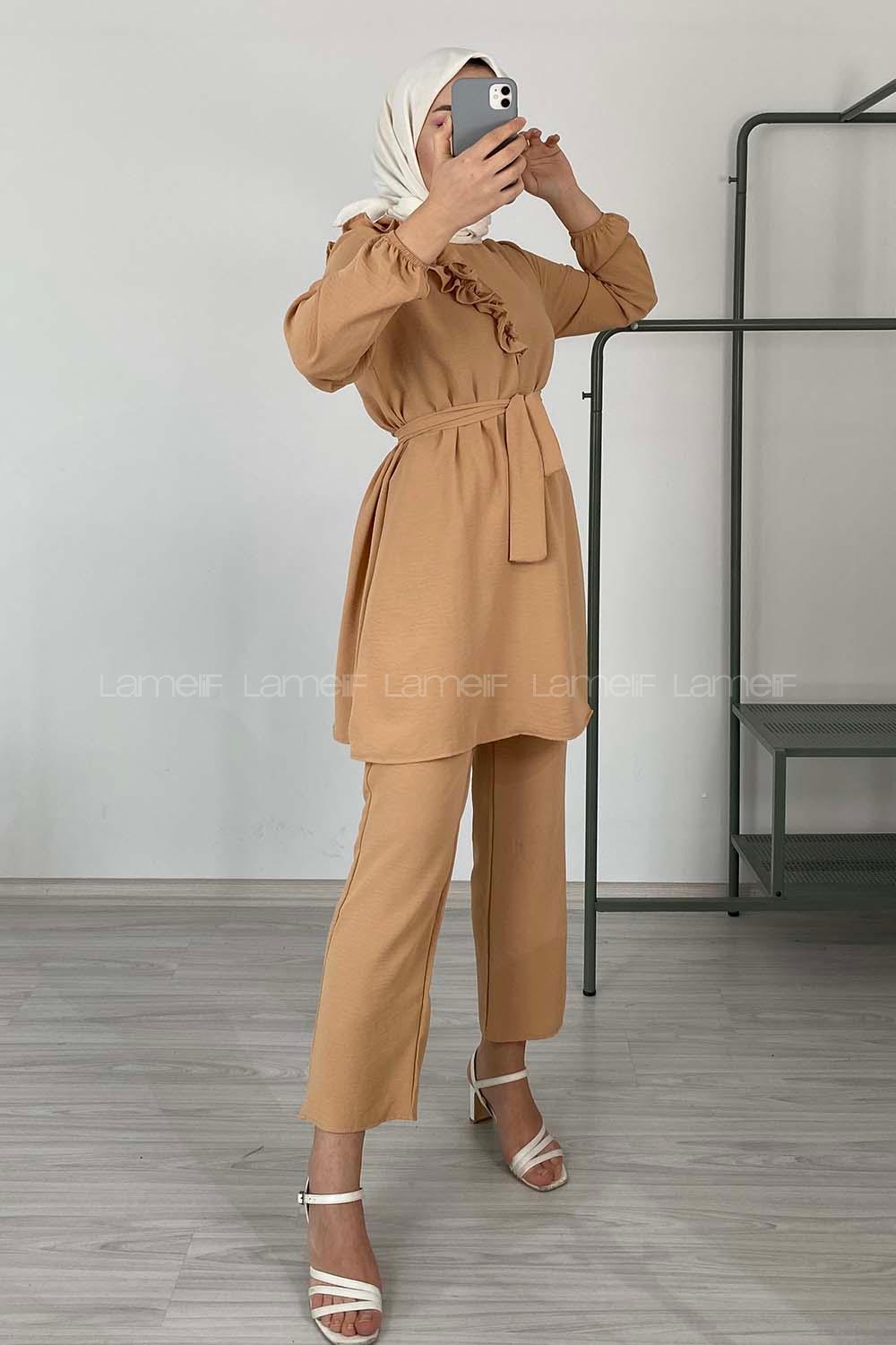 Modalamelif Omuz Fırfırlı İkili Takım Bej