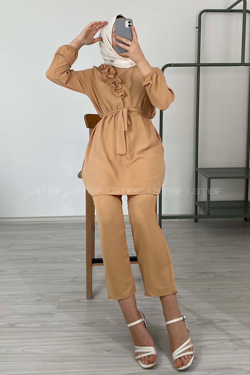 Modalamelif Omuz Fırfırlı İkili Takım Bej