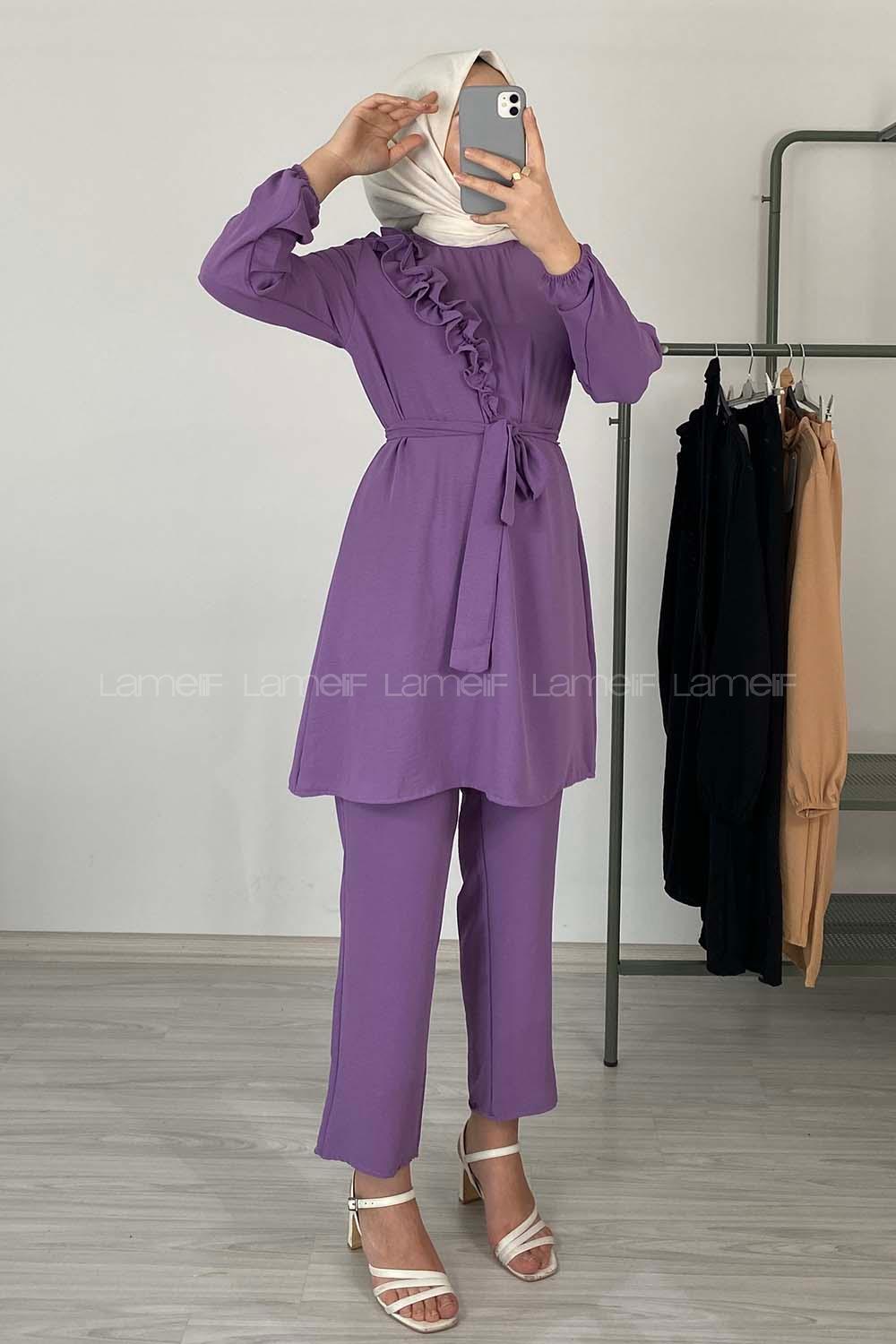 Modalamelif Omuz Fırfırlı İkili Takım Eflatun