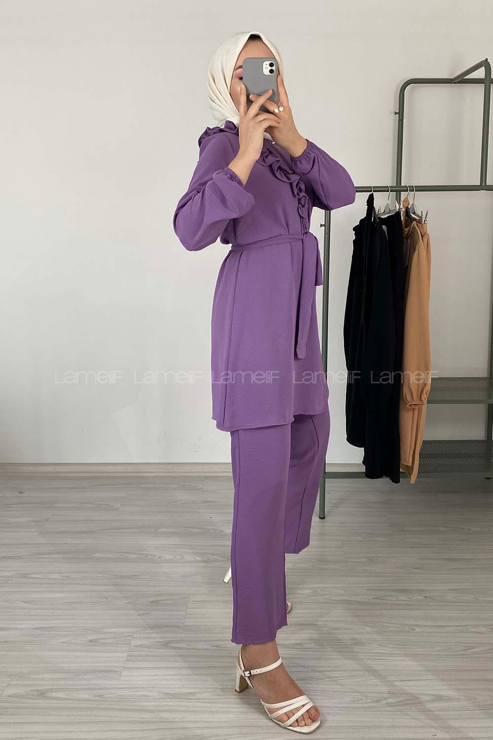 Modalamelif Omuz Fırfırlı İkili Takım Eflatun