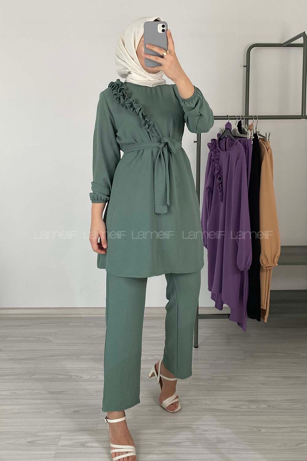 Modalamelif Omuz Fırfırlı İkili Takım Pastel Yeşili