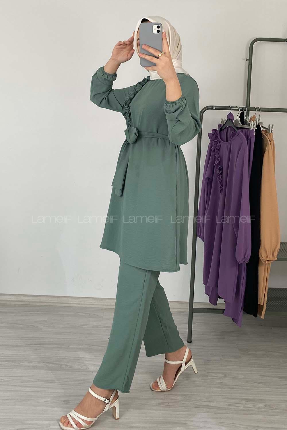 Modalamelif Omuz Fırfırlı İkili Takım Pastel Yeşili