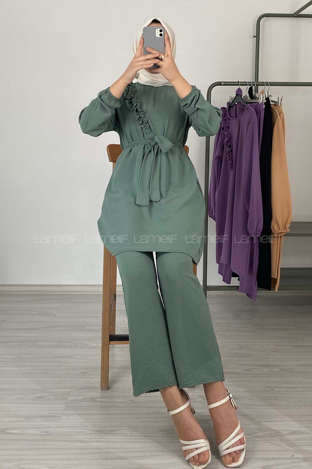 Modalamelif Omuz Fırfırlı İkili Takım Pastel Yeşili
