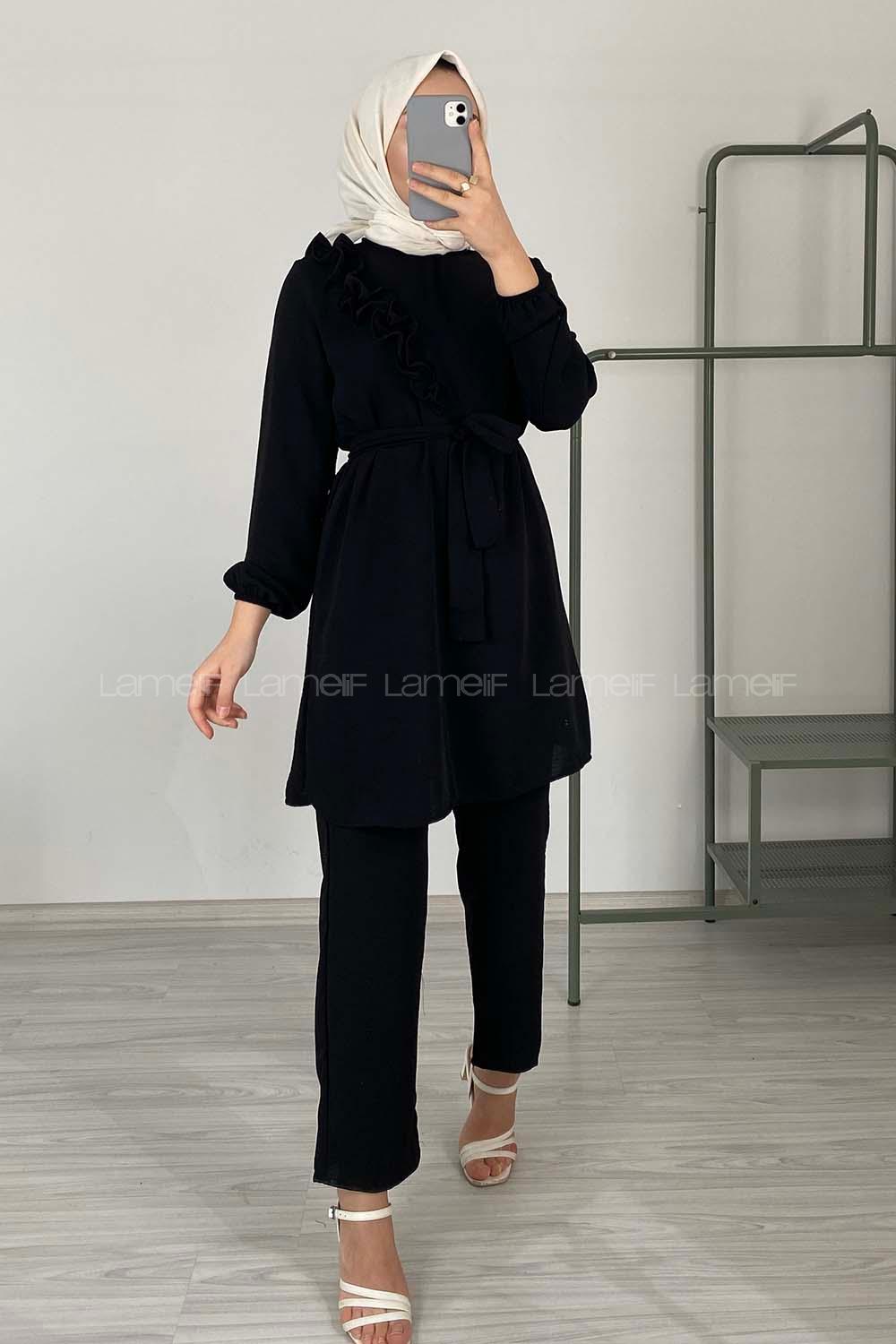 Modalamelif Omuz Fırfırlı İkili Takım Siyah