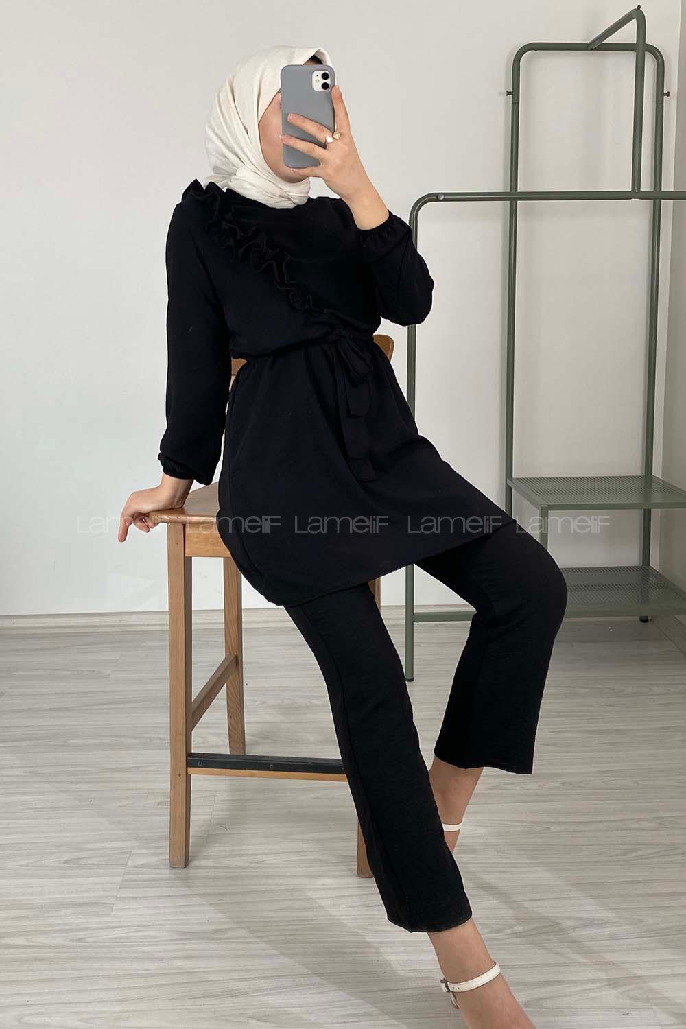 Modalamelif Omuz Fırfırlı İkili Takım Siyah