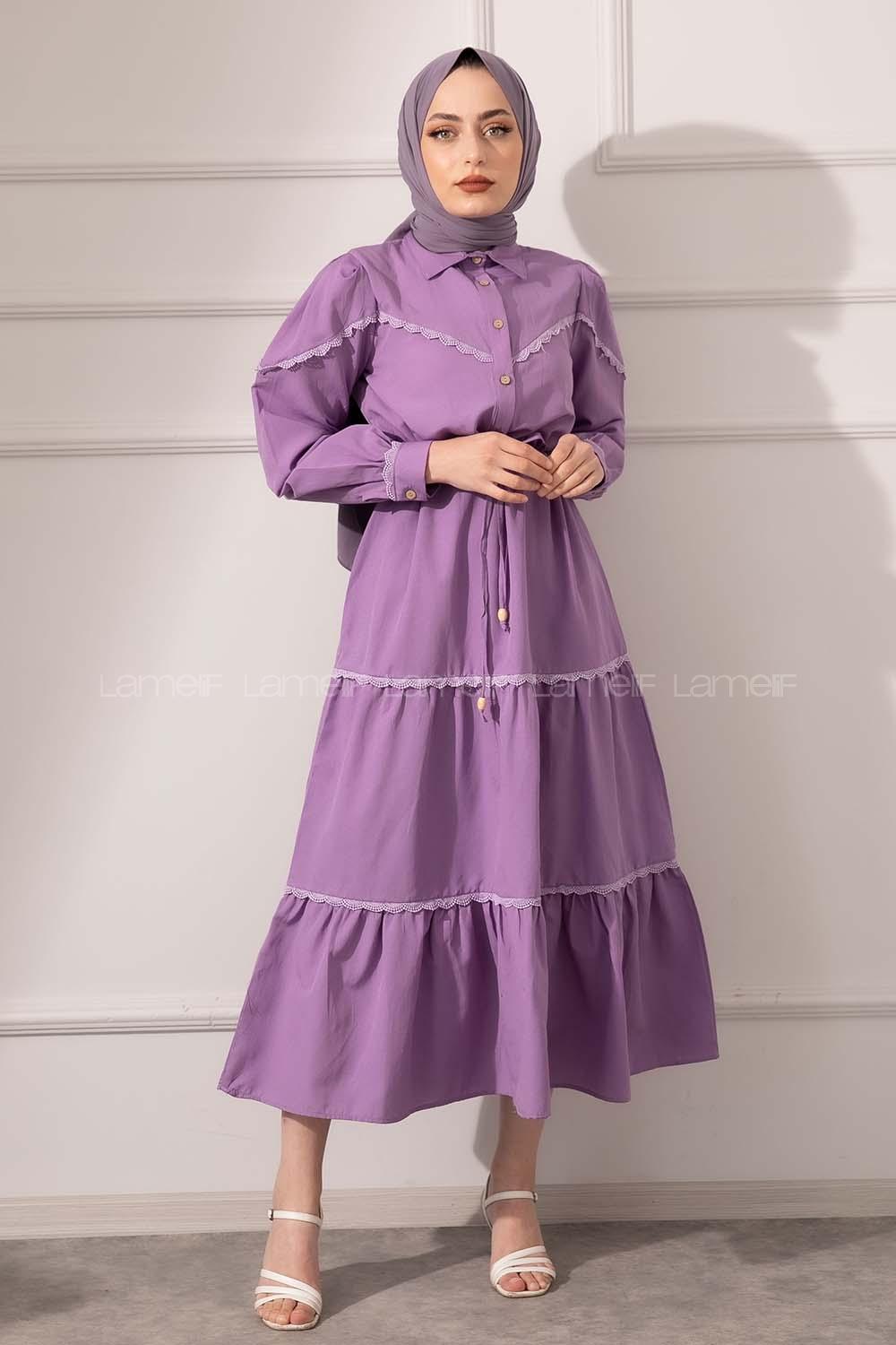 Modalamelif Önü Düğmeli Dantelli Elbise Lila