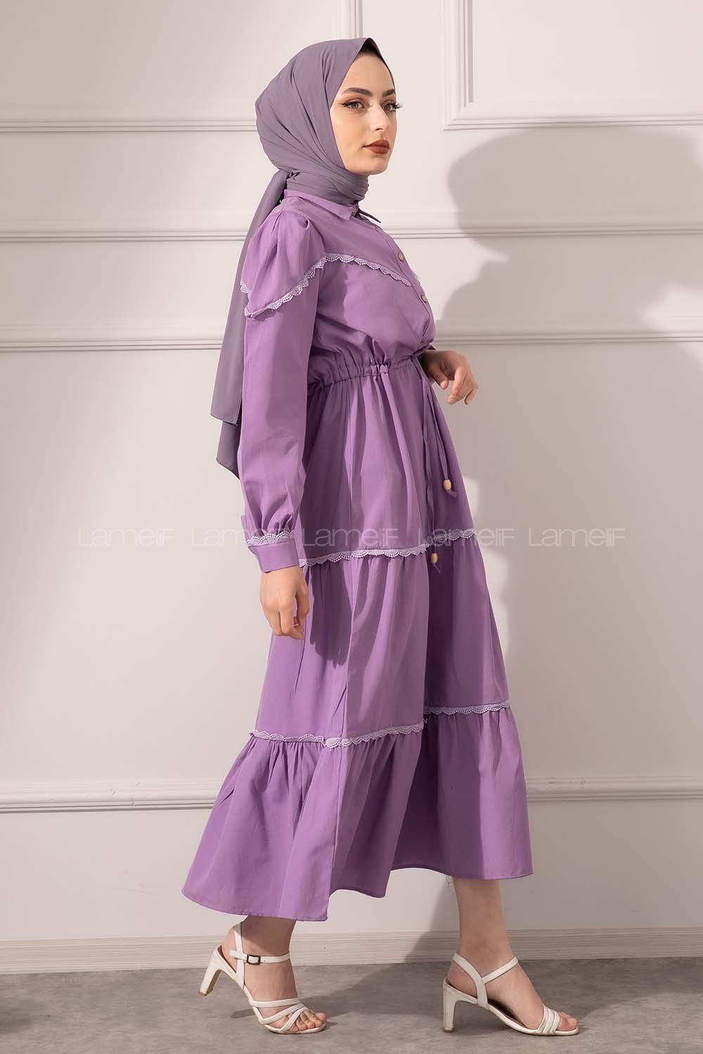 Modalamelif Önü Düğmeli Dantelli Elbise Lila