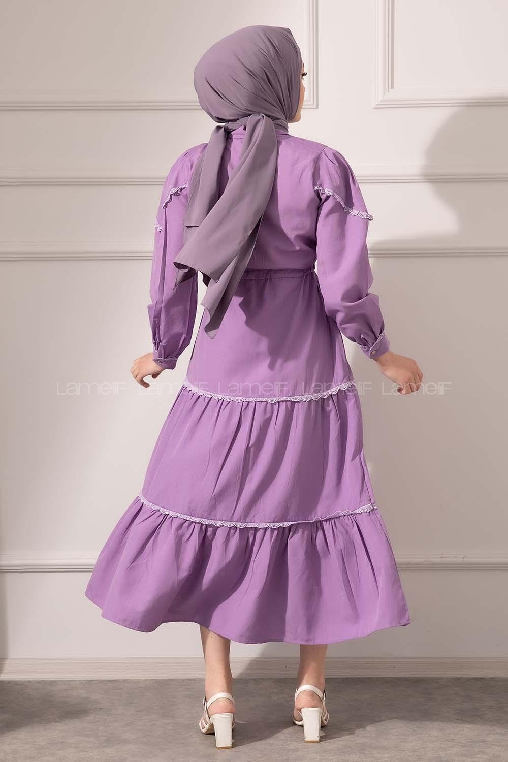 Modalamelif Önü Düğmeli Dantelli Elbise Lila