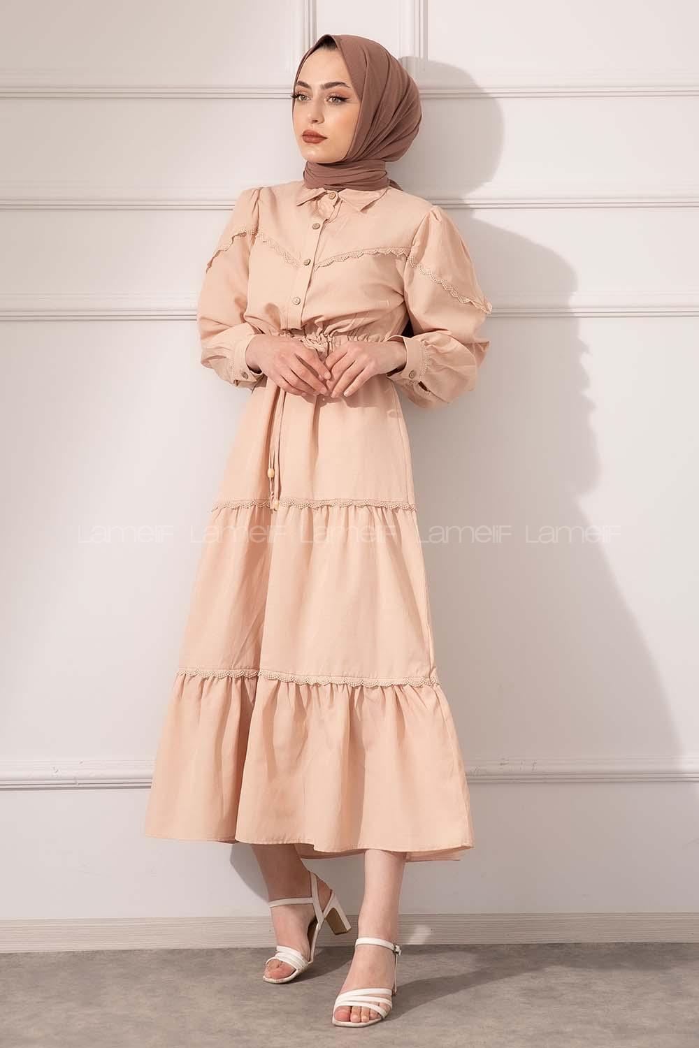 Modalamelif Önü Düğmeli Dantelli Elbise Sütlü Kahve