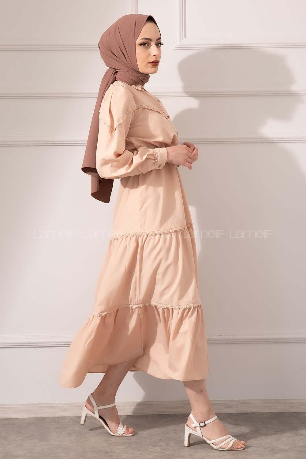 Modalamelif Önü Düğmeli Dantelli Elbise Sütlü Kahve