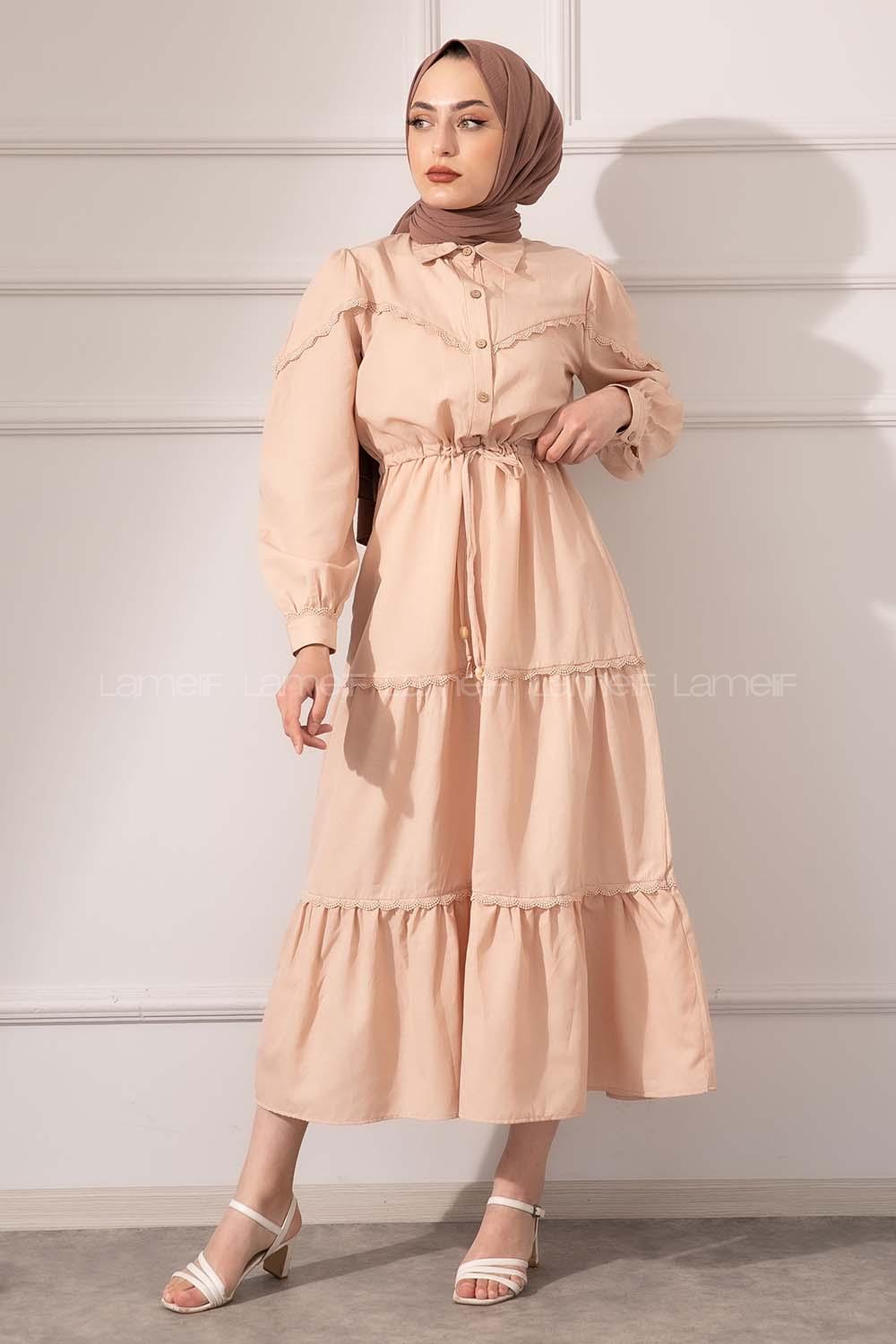 Modalamelif Önü Düğmeli Dantelli Elbise Sütlü Kahve