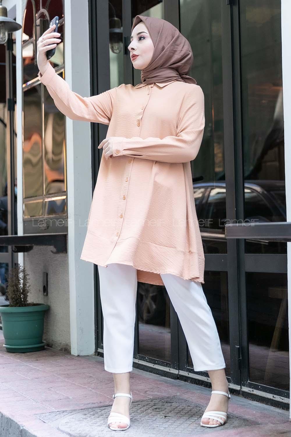 Modalamelif Önü Düğmeli Oversize Tunik Sütlü Kahve