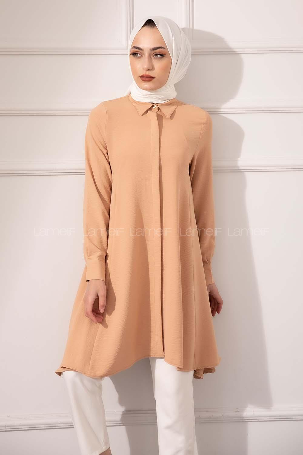 Modalamelif Önü Gizli Düğmeli Volanlı Tunik Camel