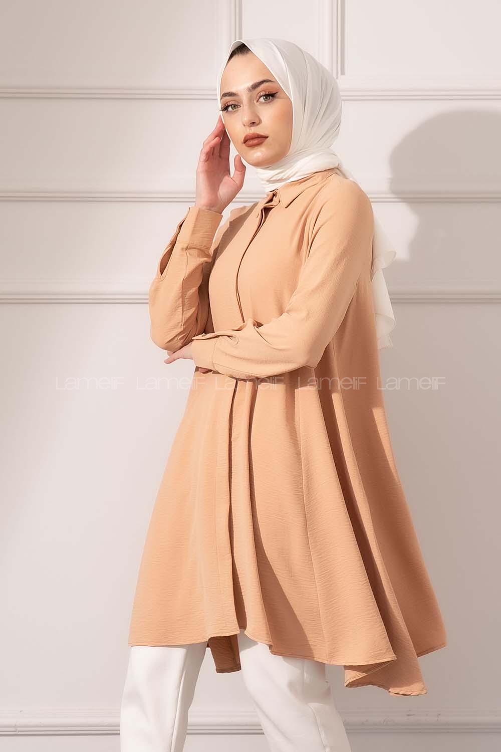 Modalamelif Önü Gizli Düğmeli Volanlı Tunik Camel