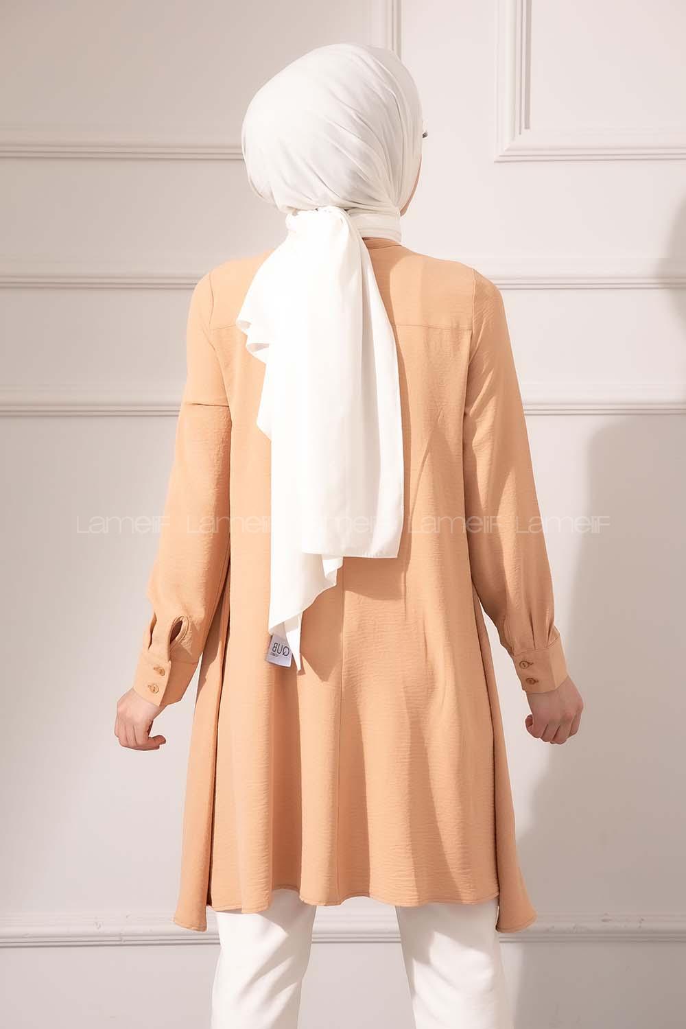 Modalamelif Önü Gizli Düğmeli Volanlı Tunik Camel