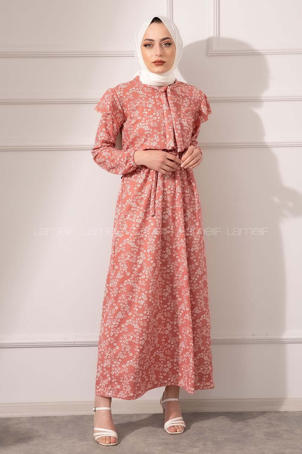 Modalamelif Yaka Bağlamalı Kaşkorse Elbise Pudra