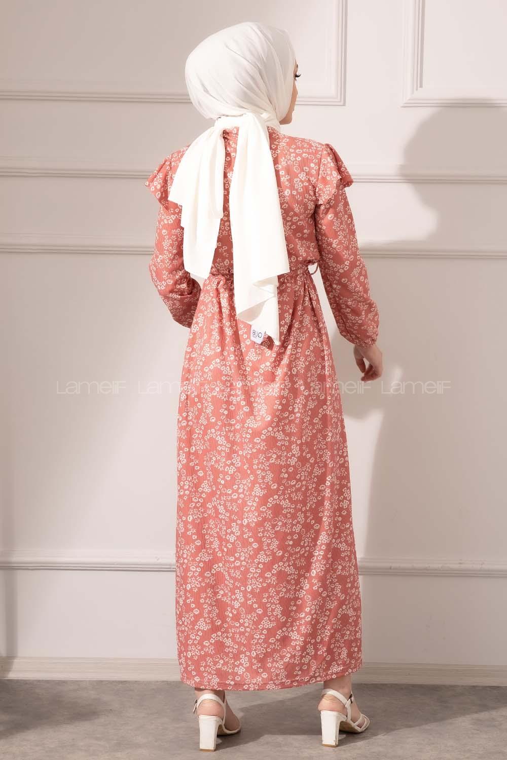 Modalamelif Yaka Bağlamalı Kaşkorse Elbise Pudra