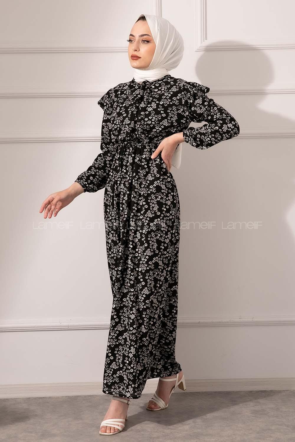 Modalamelif Yaka Bağlamalı Kaşkorse Elbise Siyah