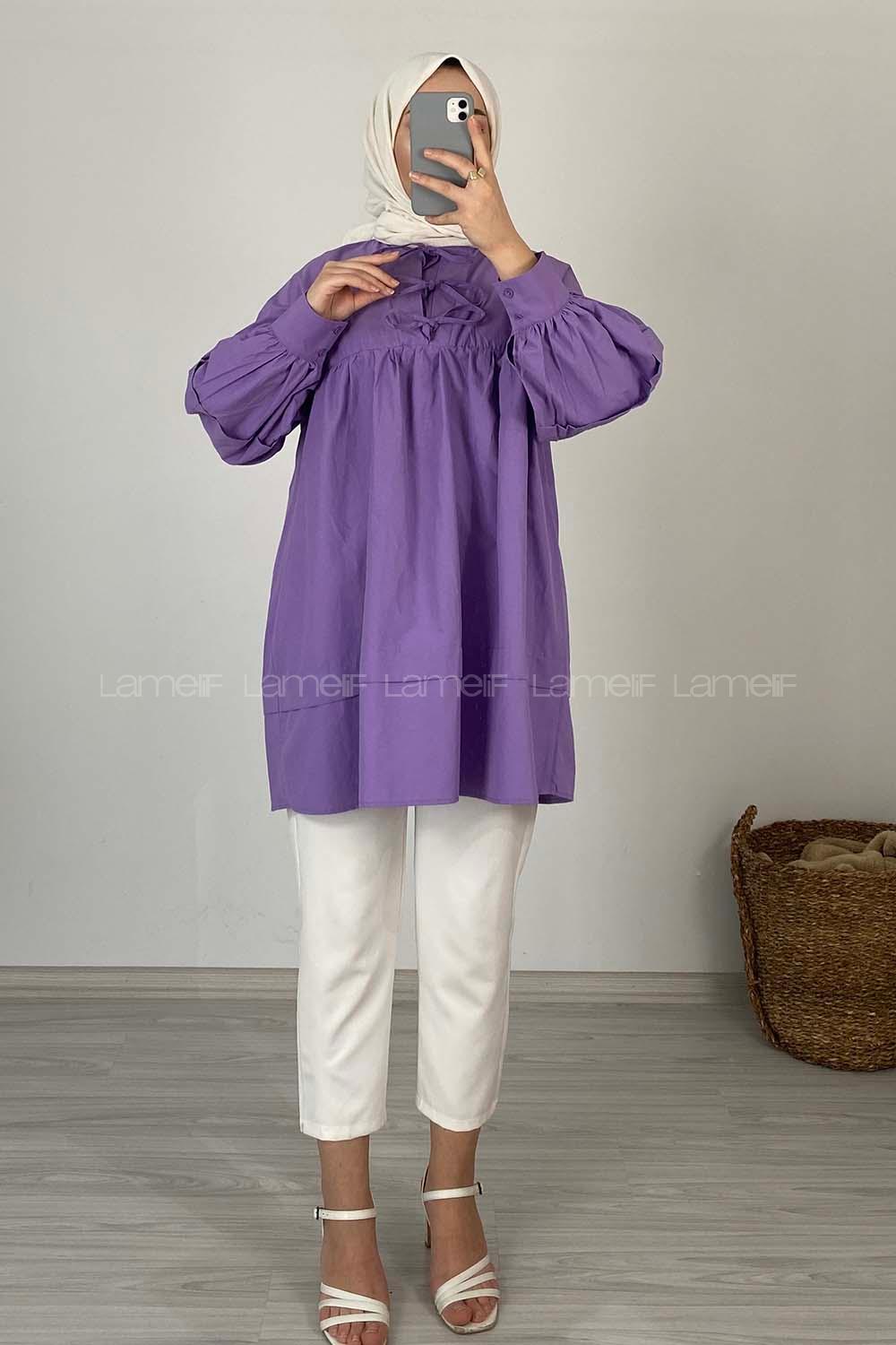 Modalamelif Yaka Fırfır Bağlamalı Tunik Eflatun