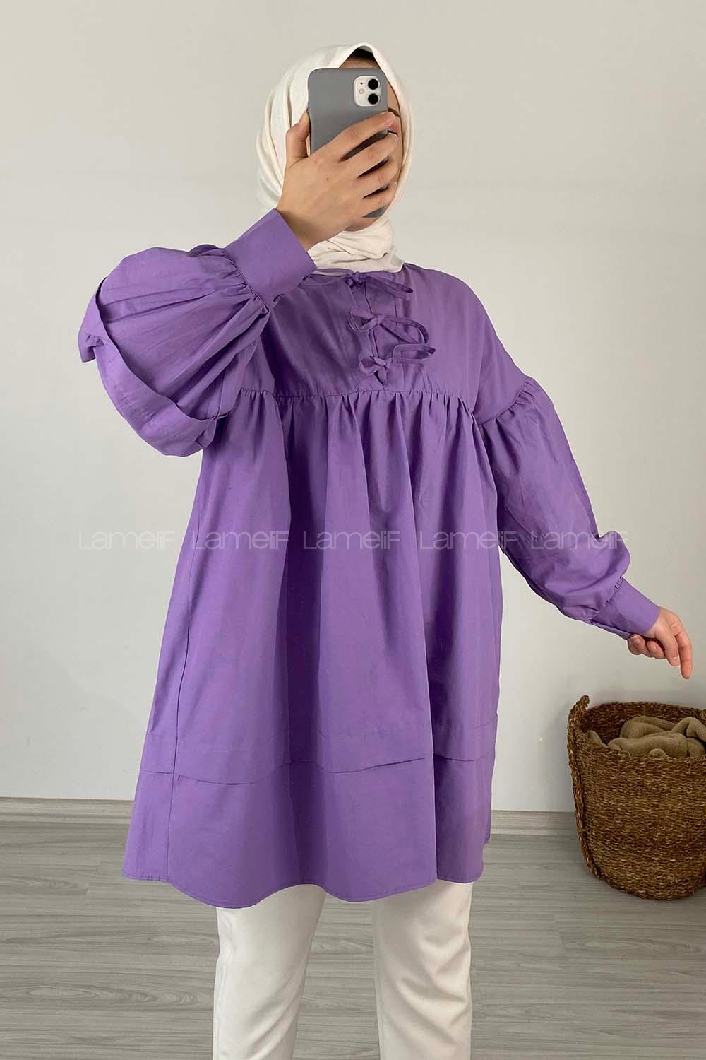 Modalamelif Yaka Fırfır Bağlamalı Tunik Eflatun