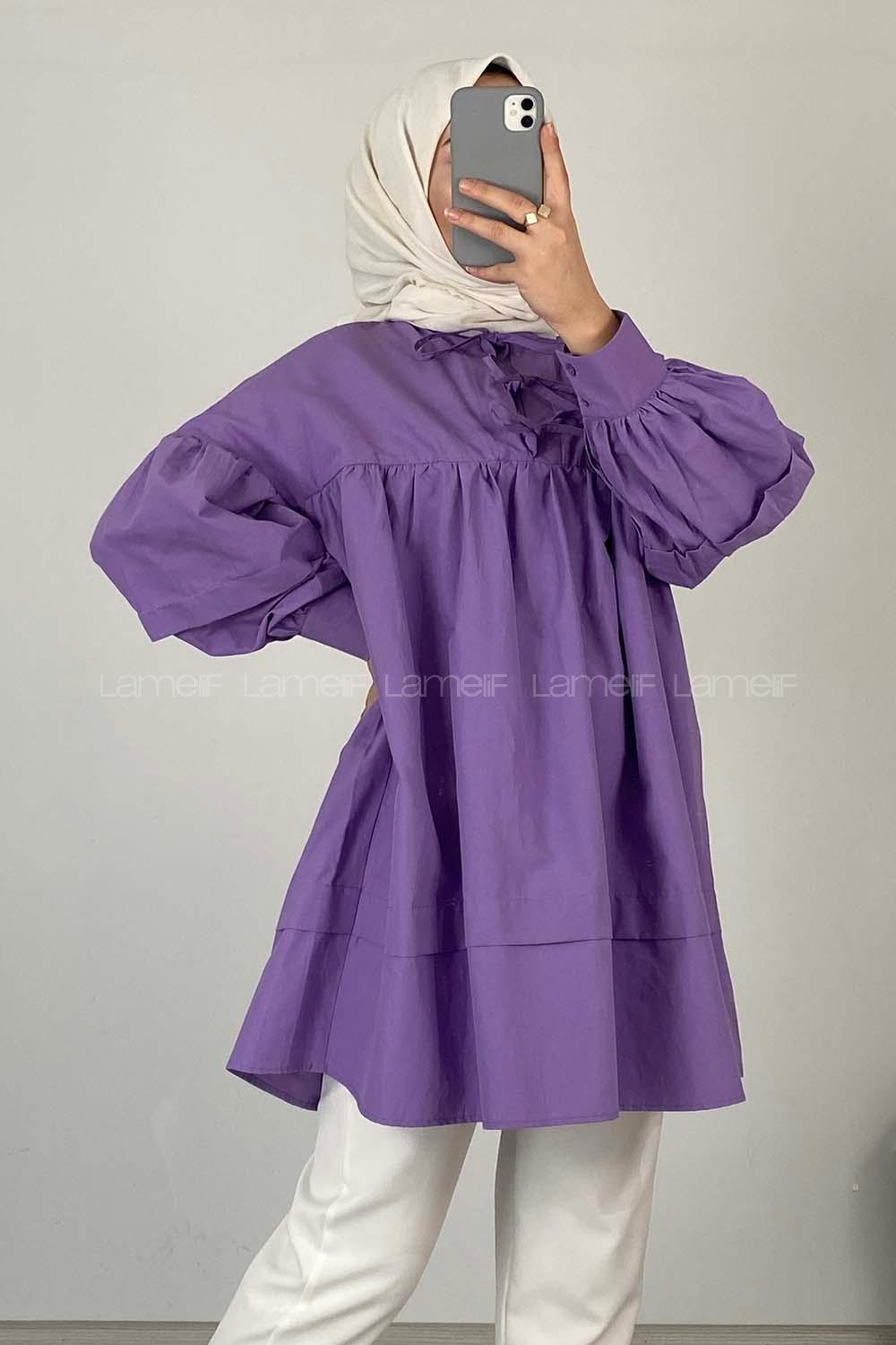 Modalamelif Yaka Fırfır Bağlamalı Tunik Eflatun