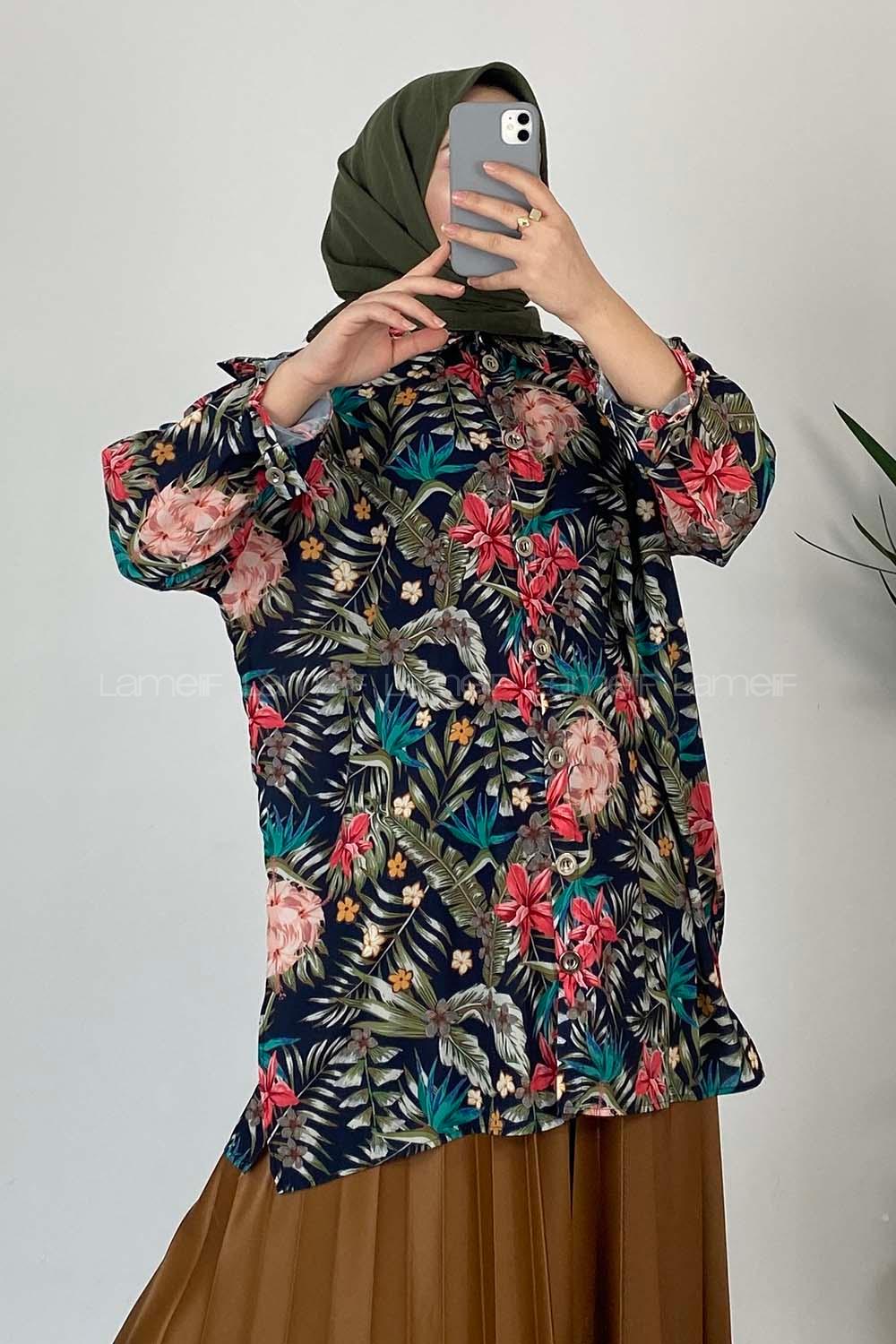 Modalamelif Yaprak Desen Dijital Baskı Gömlek Lacivert