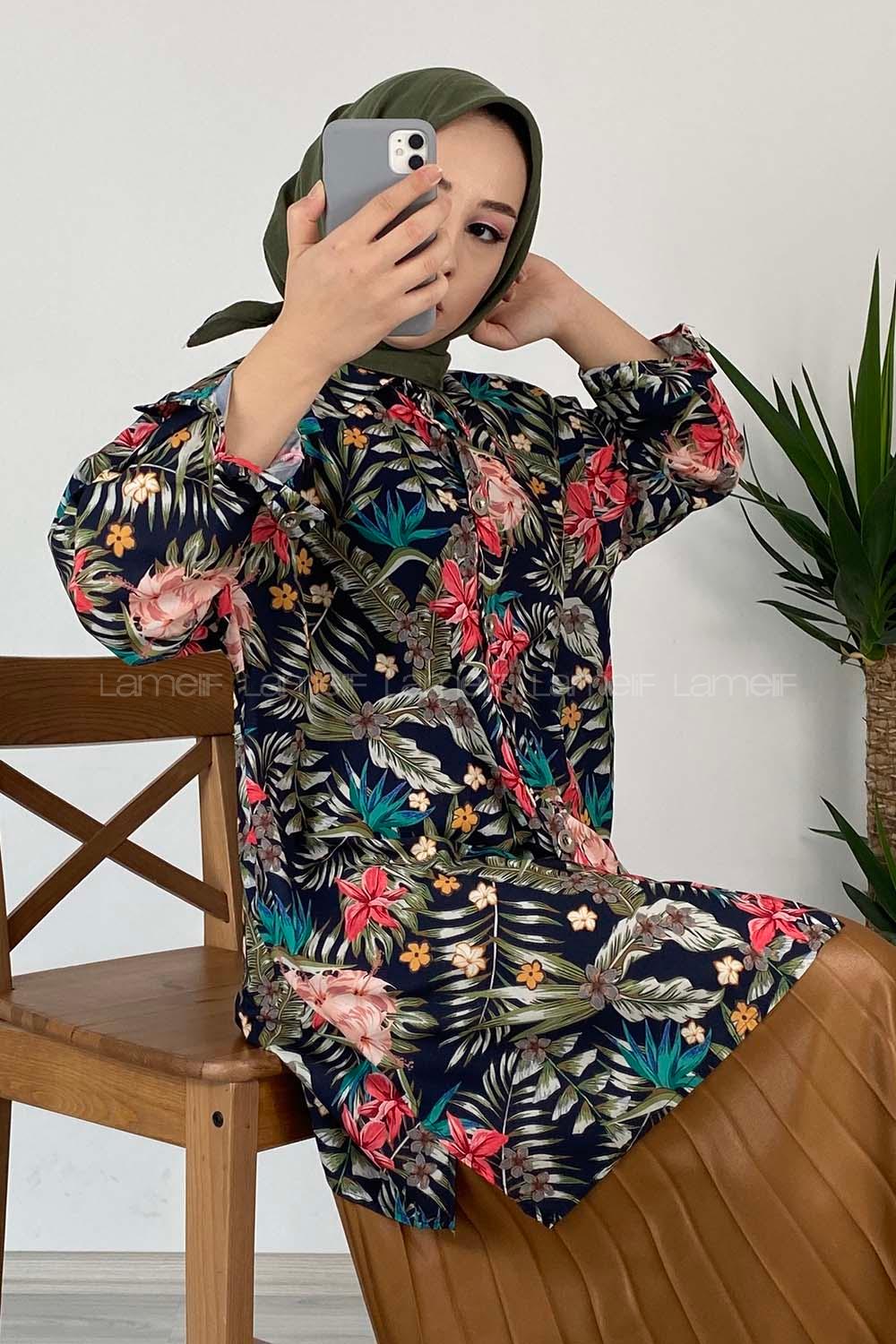 Modalamelif Yaprak Desen Dijital Baskı Gömlek Lacivert