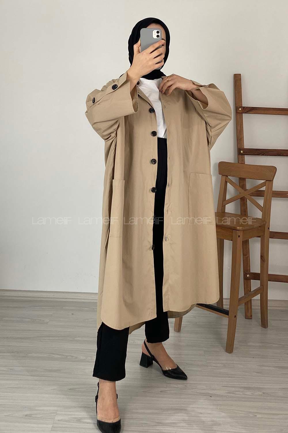 Modalamelif Yarasa Kol Körük Cepli Trenç Vizonrengi