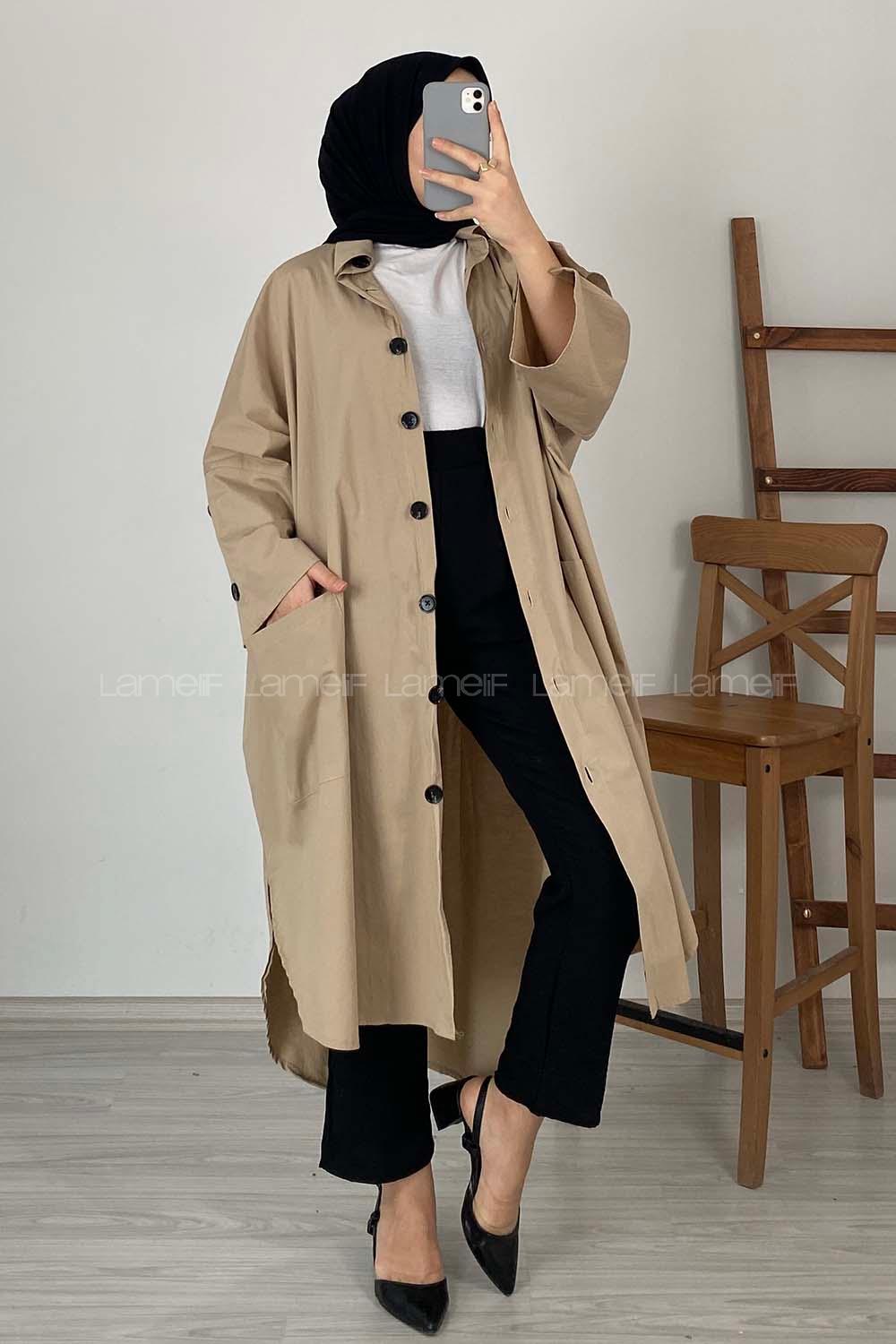 Modalamelif Yarasa Kol Körük Cepli Trenç Vizonrengi