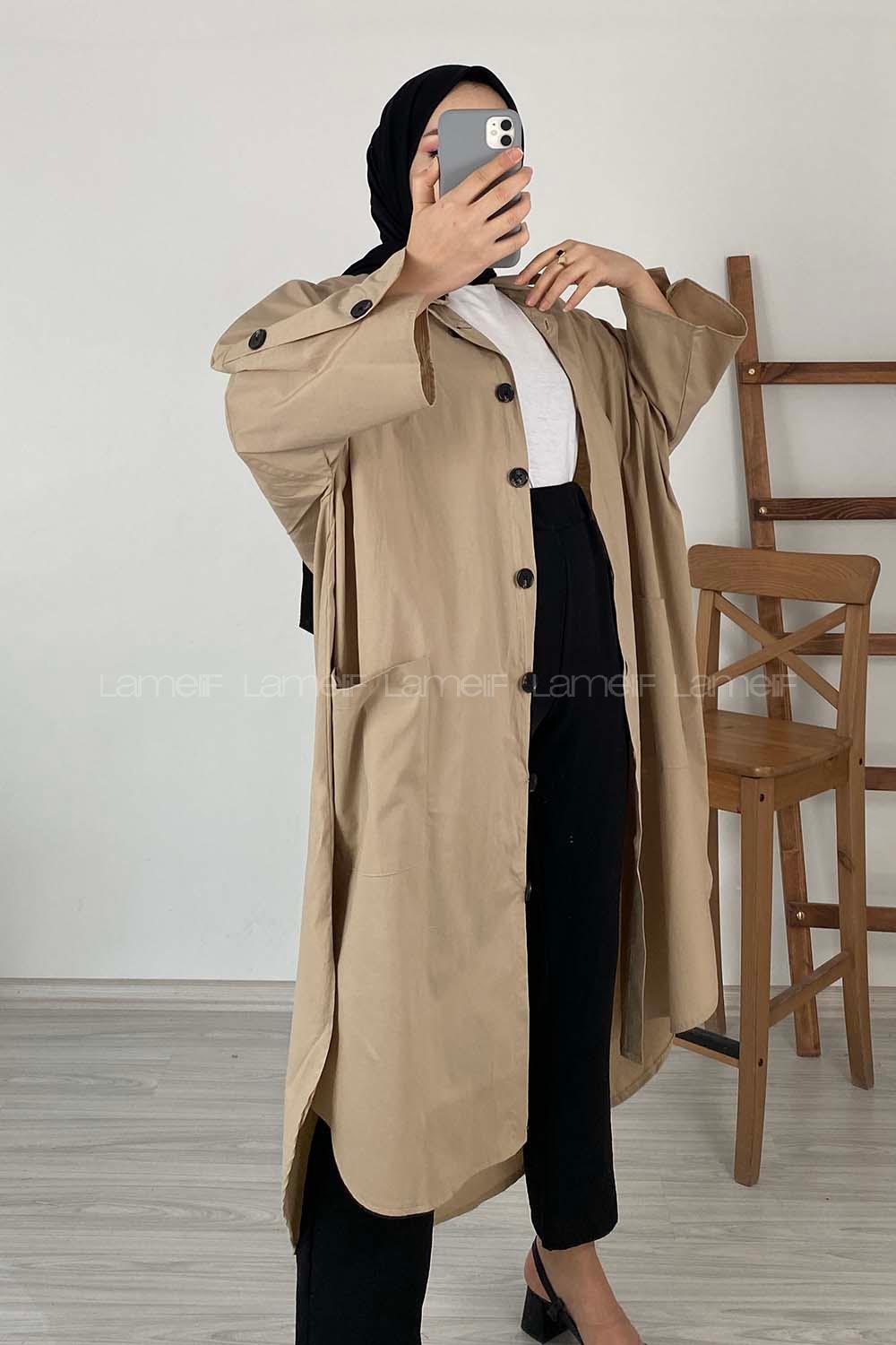 Modalamelif Yarasa Kol Körük Cepli Trenç Vizonrengi