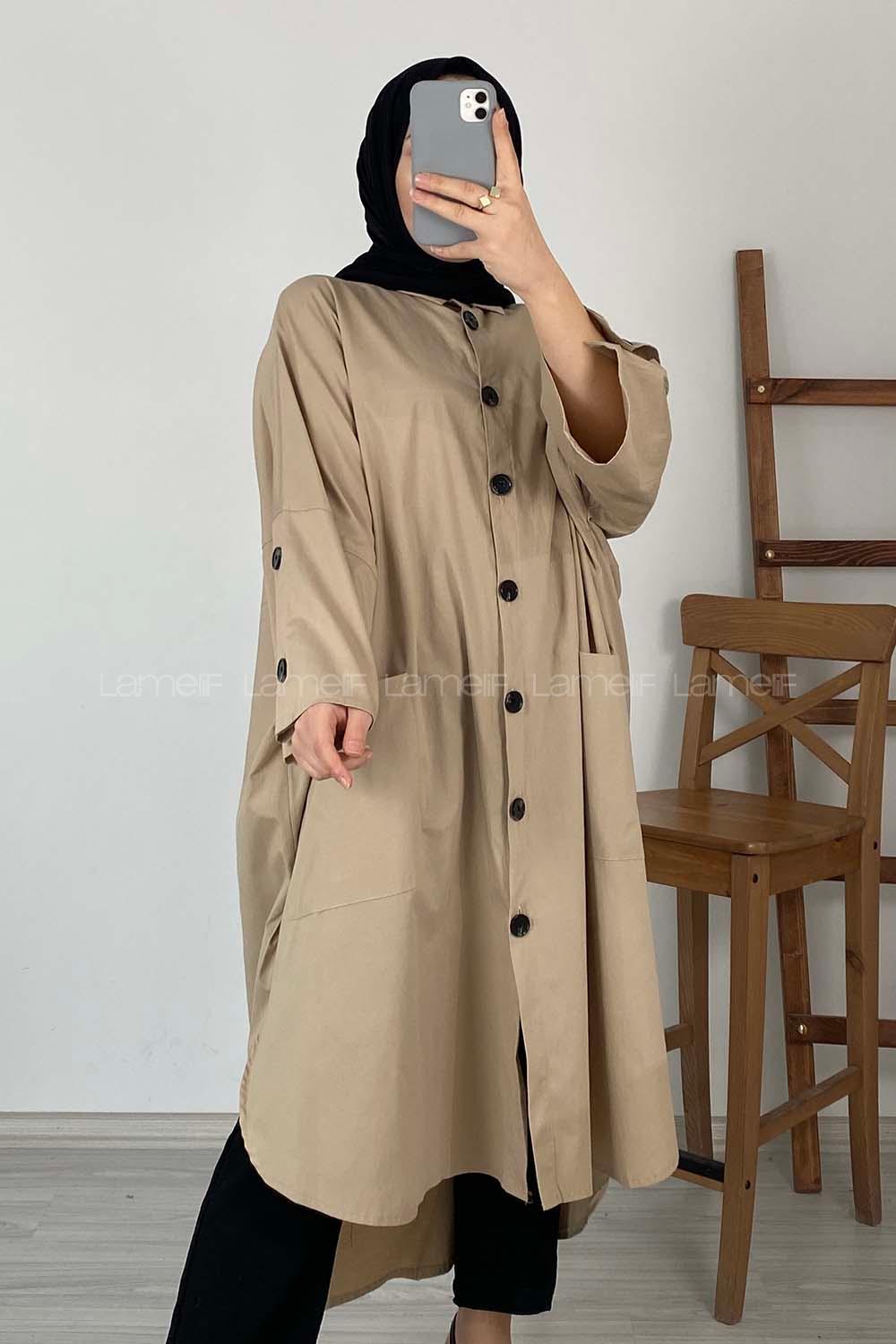 Modalamelif Yarasa Kol Körük Cepli Trenç Vizonrengi