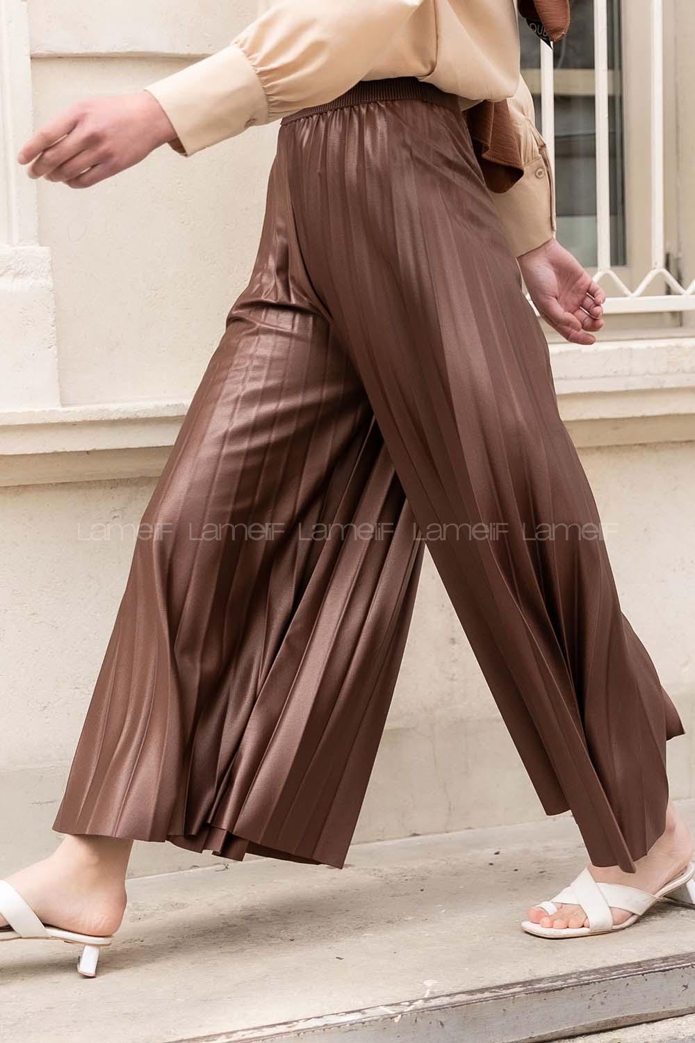 Modalamelif Bel Lastikli Pileli Deri Görünümlü Pantolon Acı Kahve