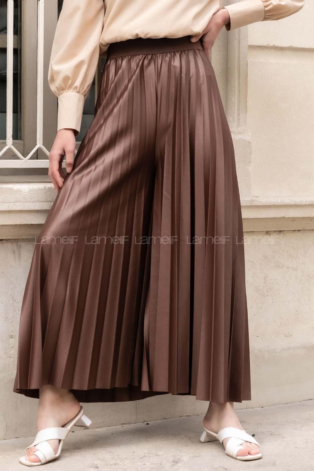 Modalamelif Bel Lastikli Pileli Deri Görünümlü Pantolon Acı Kahve