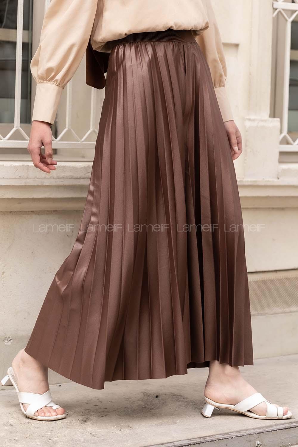 Modalamelif Bel Lastikli Pileli Deri Görünümlü Pantolon Acı Kahve