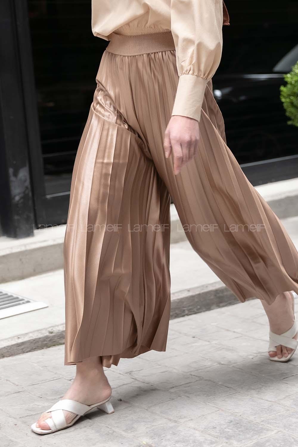 Modalamelif Bel Lastikli Pileli Deri Görünümlü Pantolon Soft Kahve