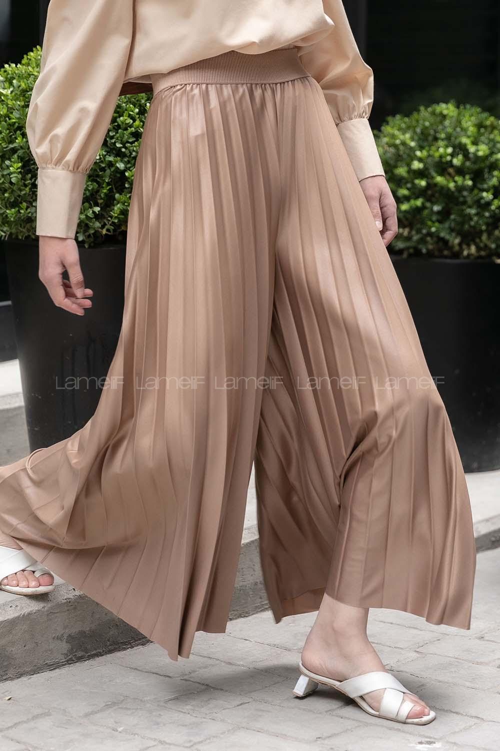 Modalamelif Bel Lastikli Pileli Deri Görünümlü Pantolon Soft Kahve