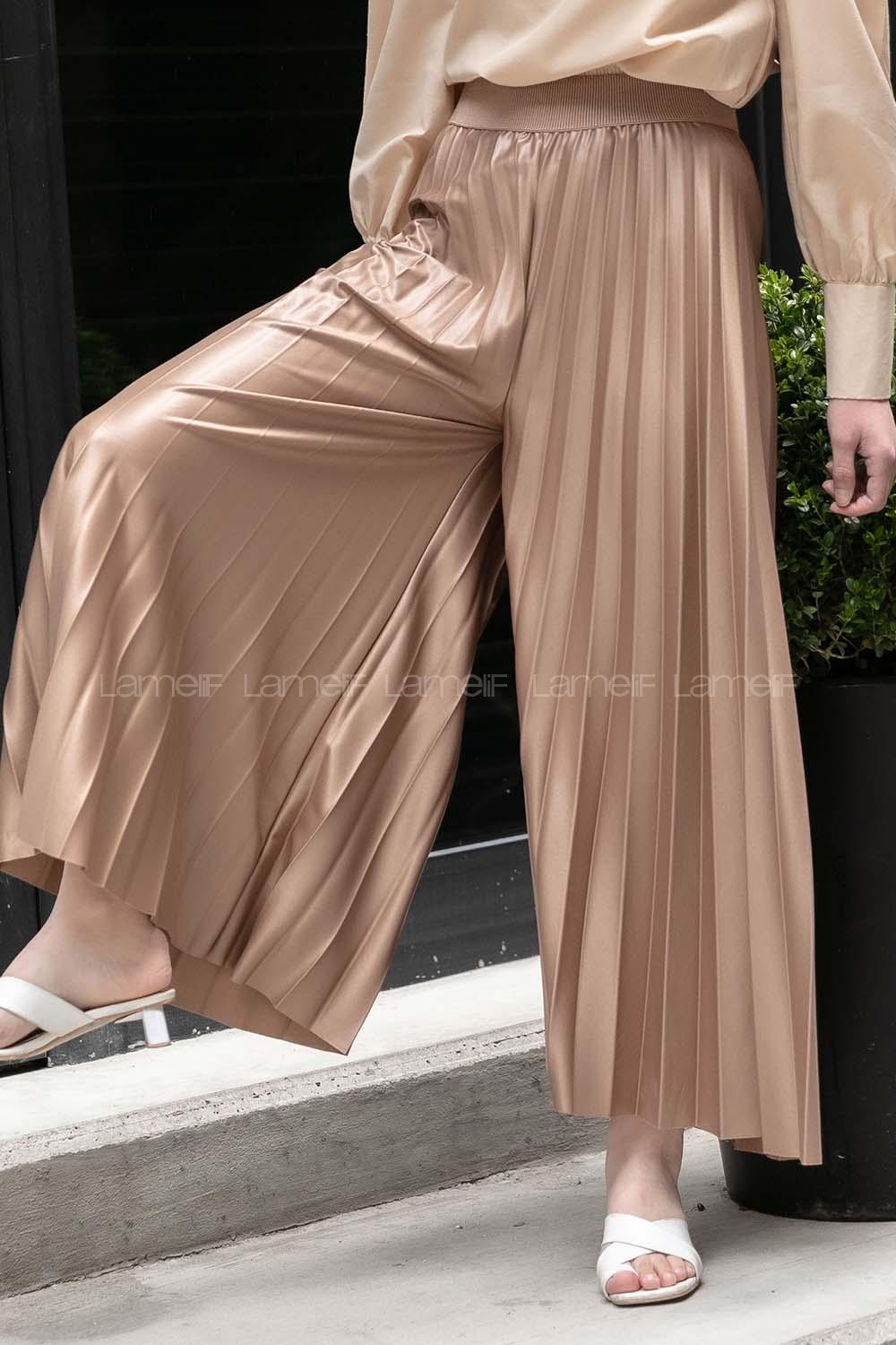 Modalamelif Bel Lastikli Pileli Deri Görünümlü Pantolon Soft Kahve