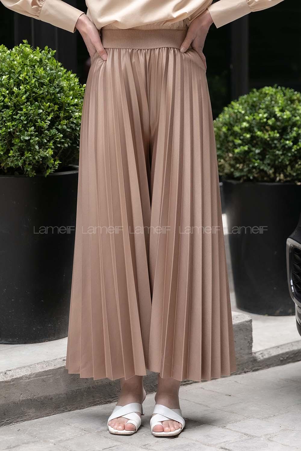 Modalamelif Bel Lastikli Pileli Deri Görünümlü Pantolon Soft Kahve