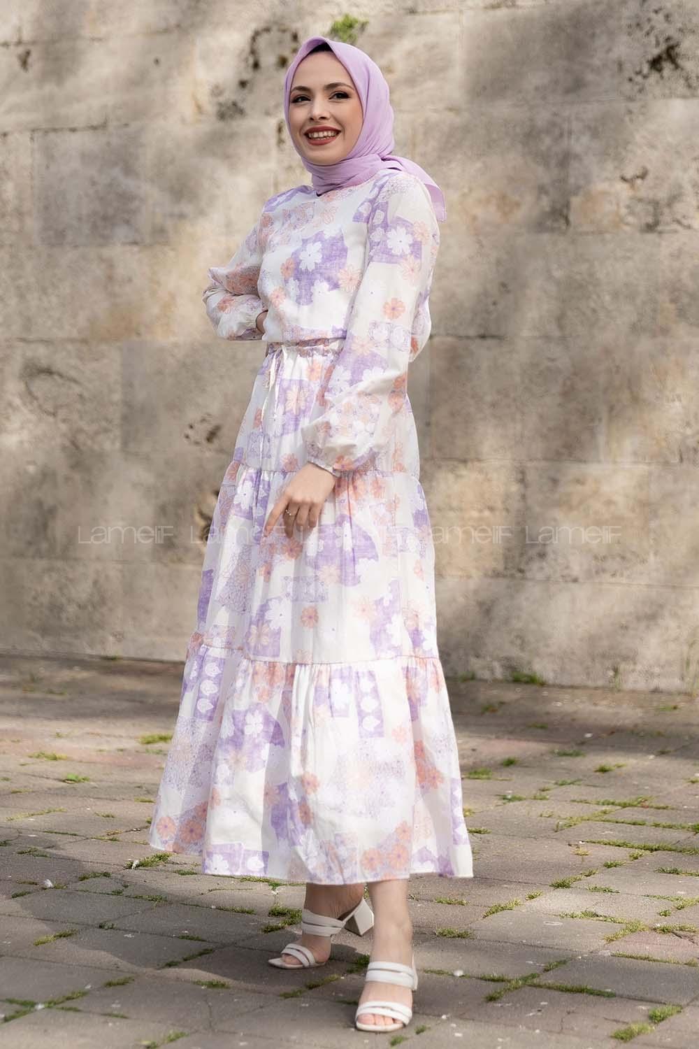 Modalamelif Beli Bağcıklı Desenli Elbise Lila