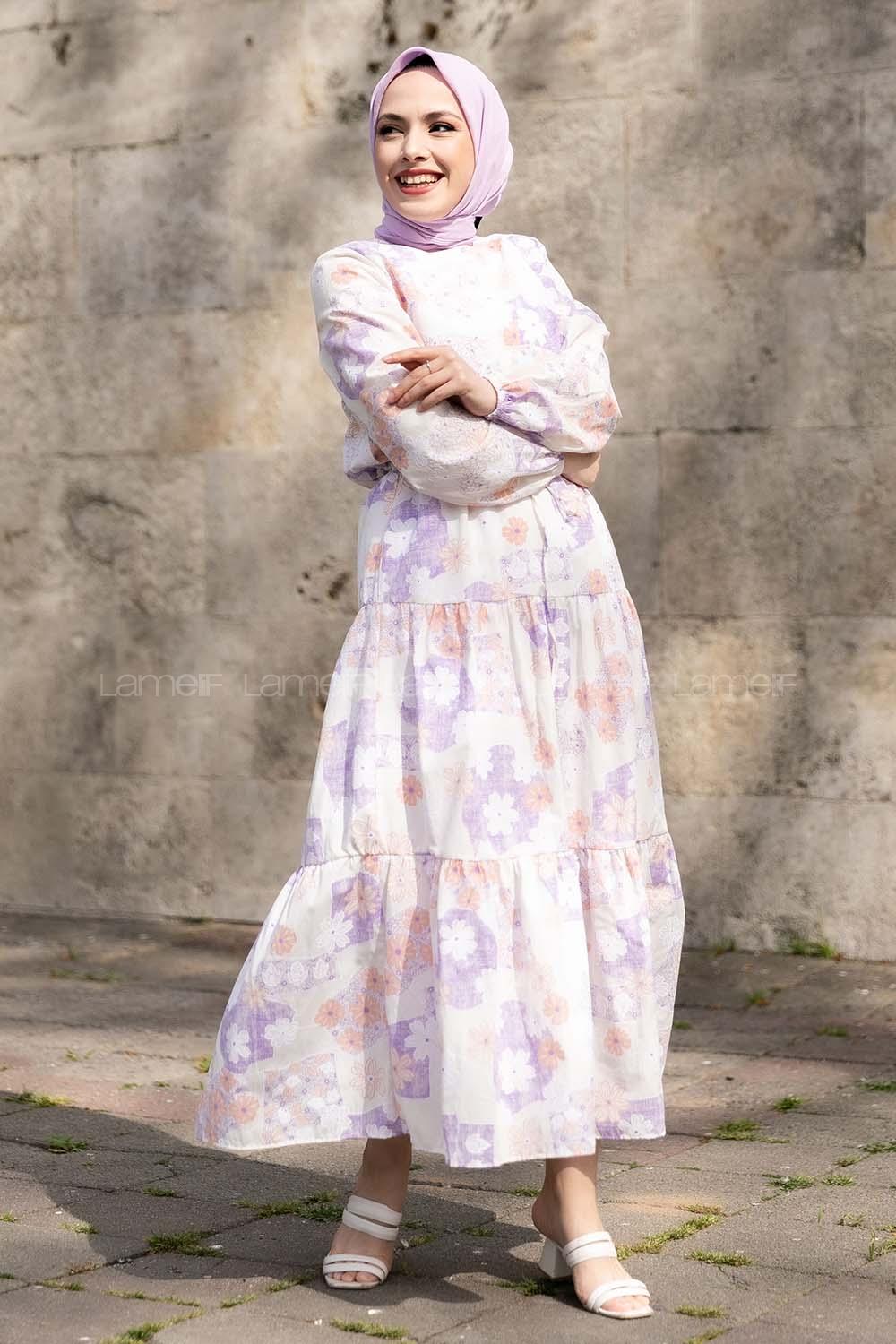 Modalamelif Beli Bağcıklı Desenli Elbise Lila