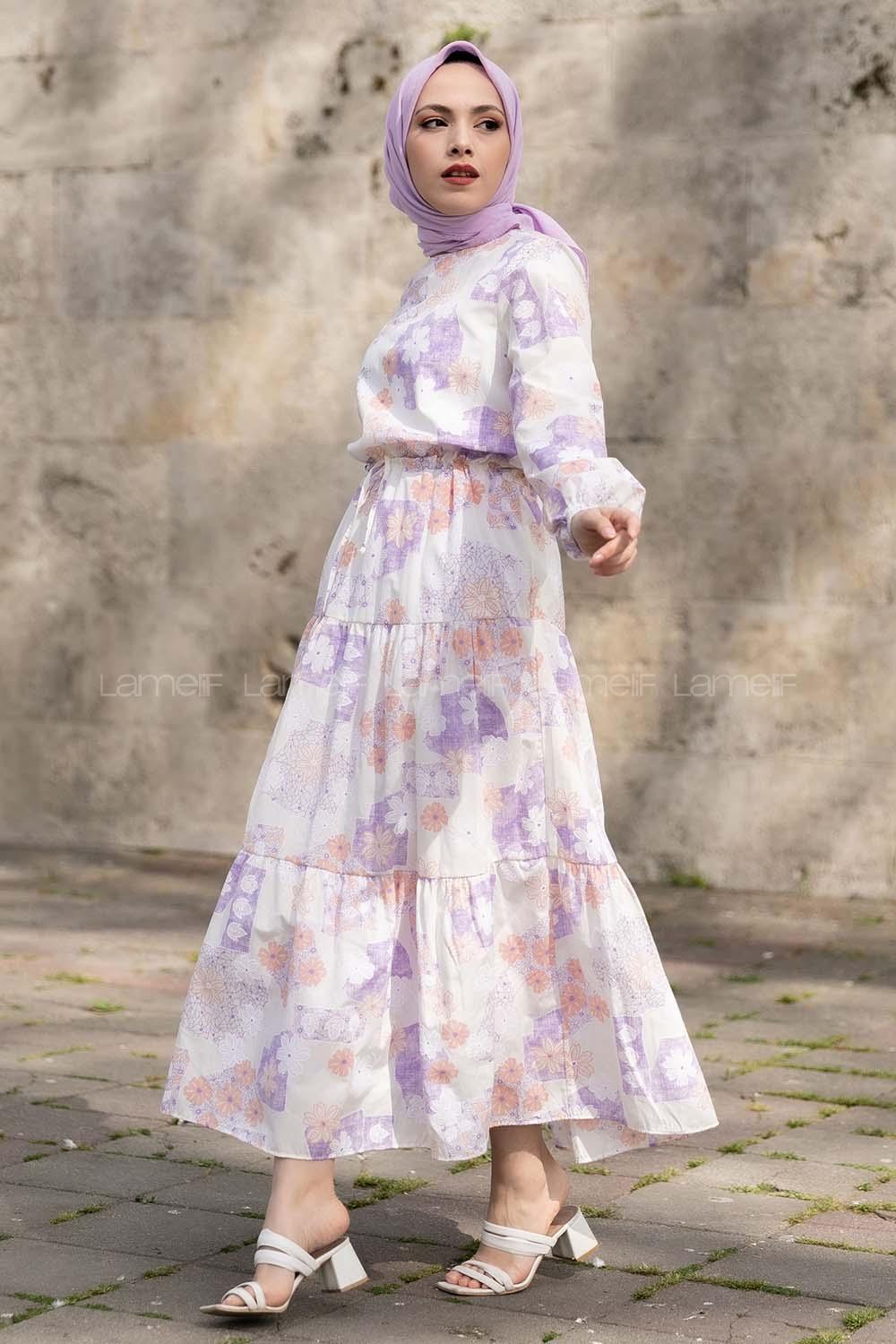 Modalamelif Beli Bağcıklı Desenli Elbise Lila