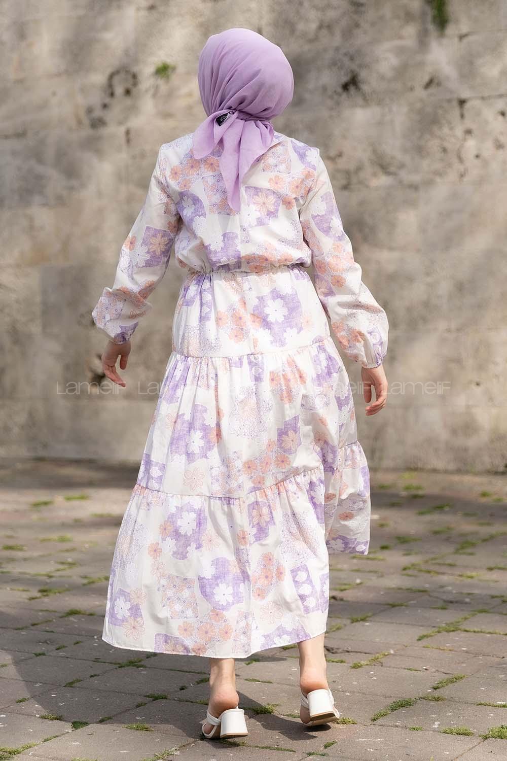 Modalamelif Beli Bağcıklı Desenli Elbise Lila