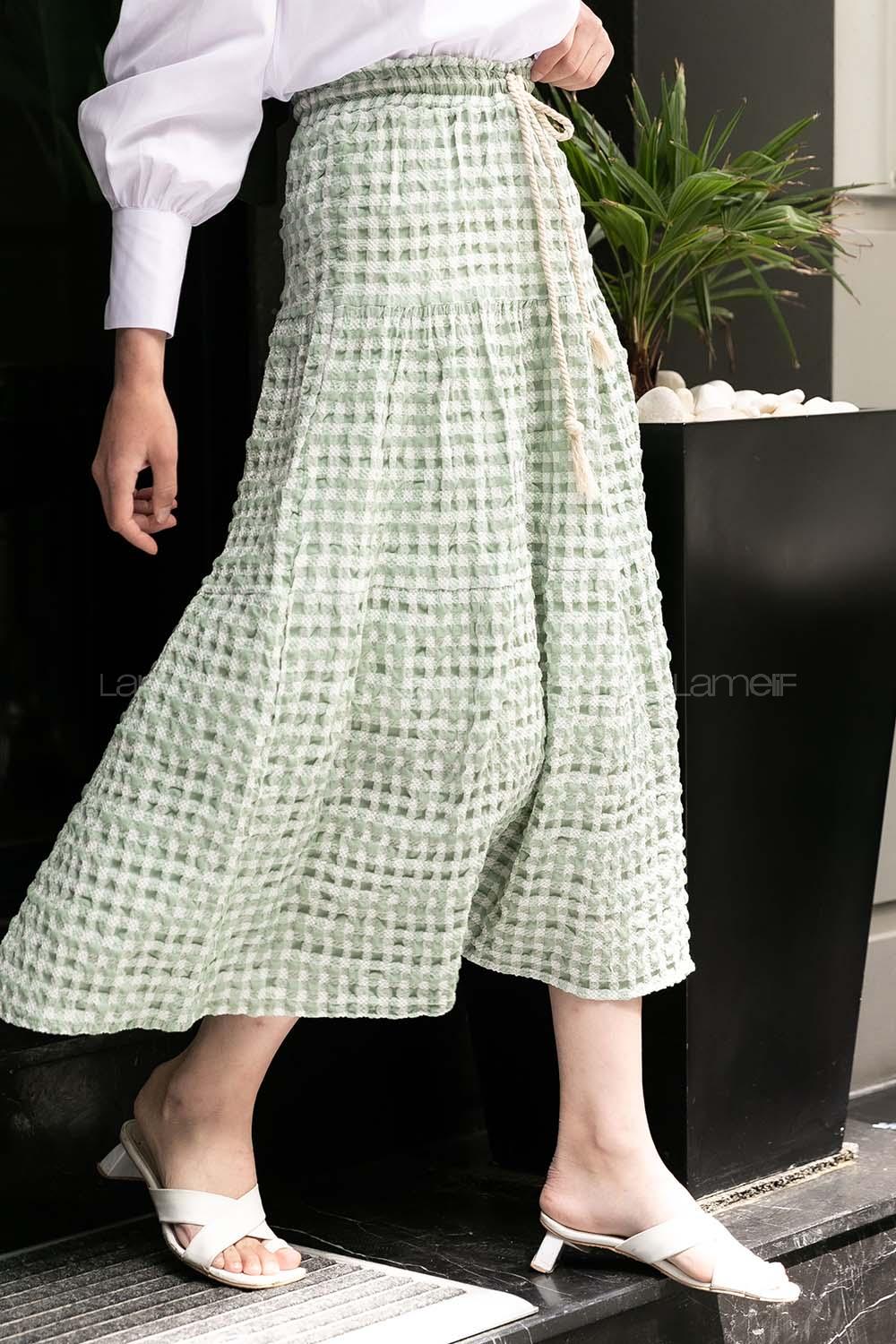 Modalamelif Beli Bağcıklı Gofre Etek Çağla