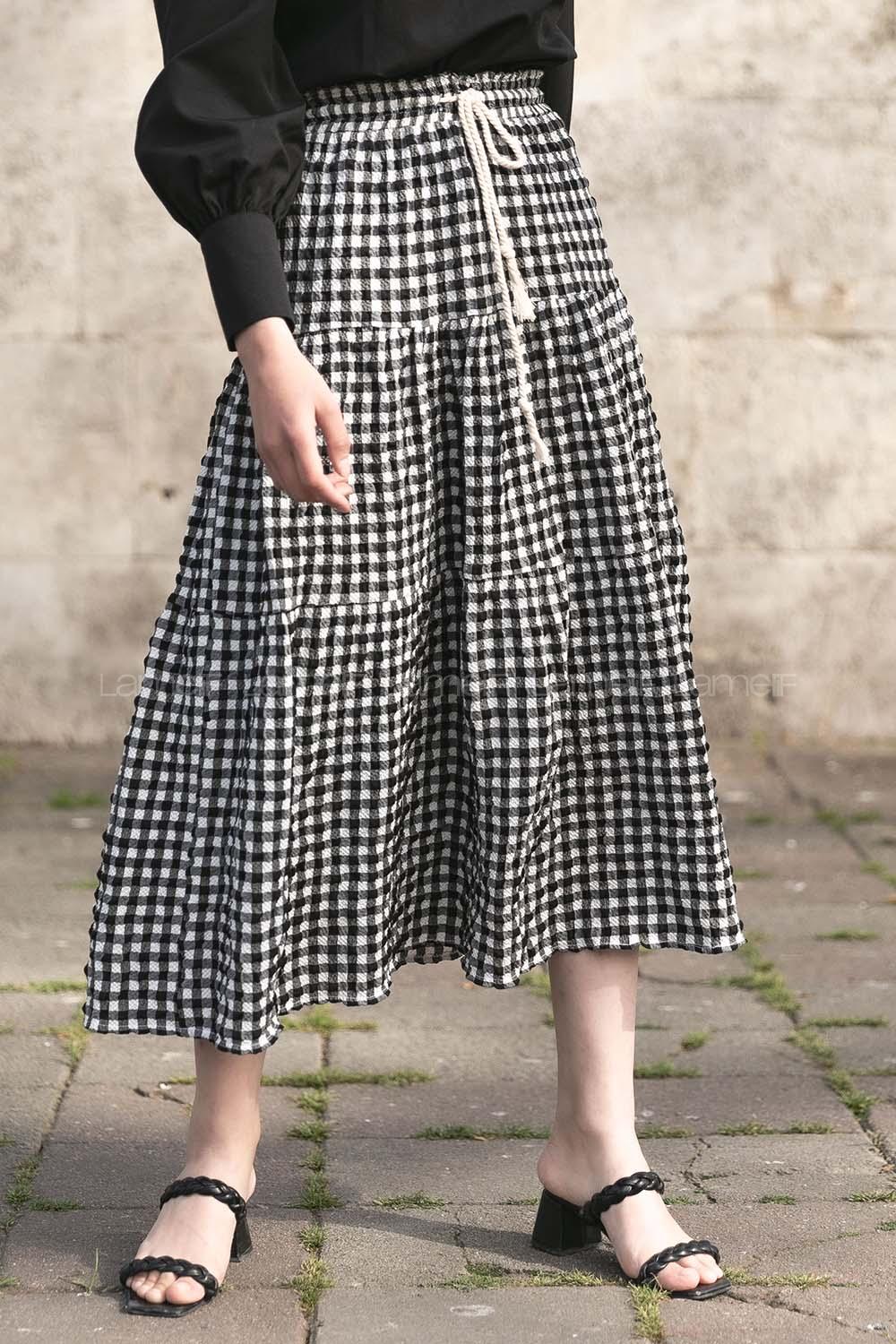 Modalamelif Beli Bağcıklı Gofre Etek Siyah