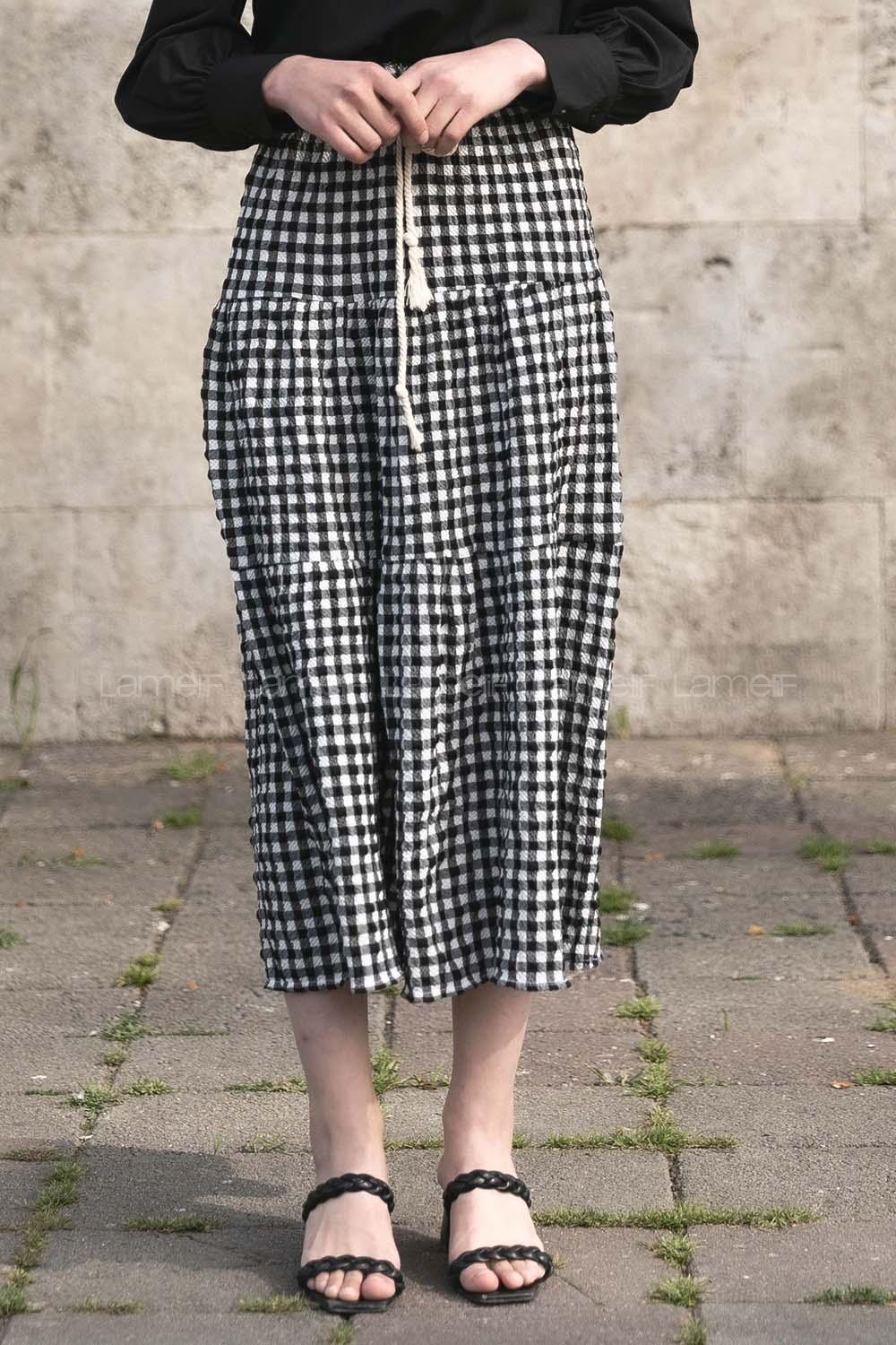 Modalamelif Beli Bağcıklı Gofre Etek Siyah