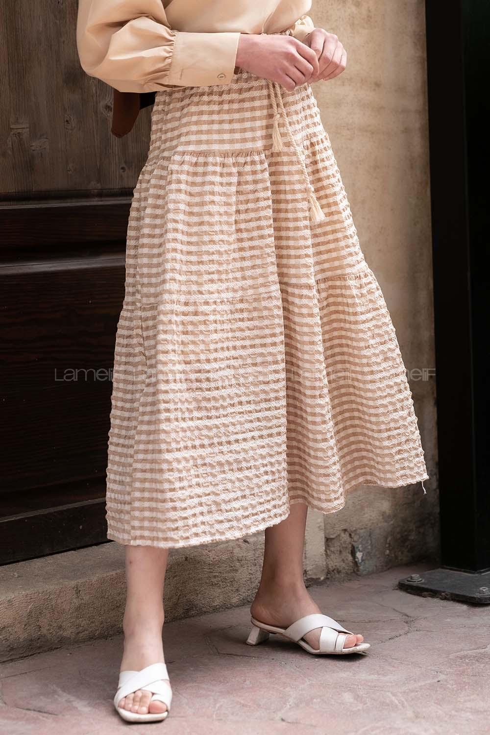 Modalamelif Beli Bağcıklı Gofre Etek Sütlü Kahve